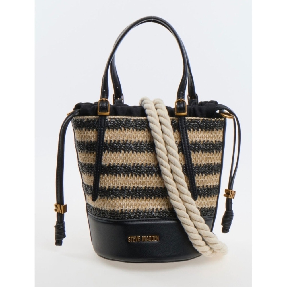 Steve Madden B-Rope Woven Straw Bucket Bag Striped Black Tan Nautical Rope Strap